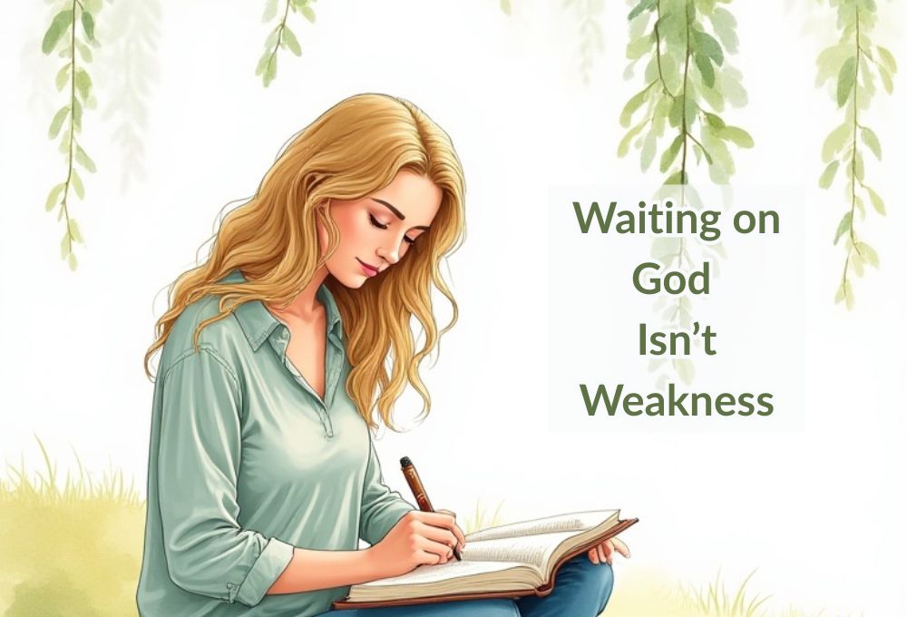 Watercolor illustration of a blonde woman writing in a journal with an open Bible in her lap under hanging green leaves. Text on the image reads “Waiting on God Isn’t Weakness.”